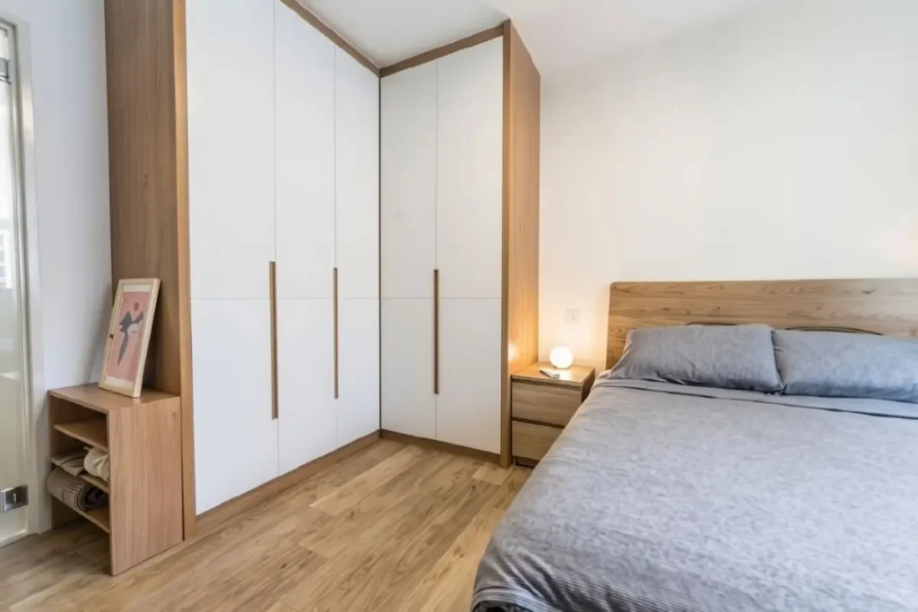 15 best two-colour combinations for a wardrobe in a small bedroom 4 small bedroom wardrobe colour ideas showing white and light oak wood laminate.