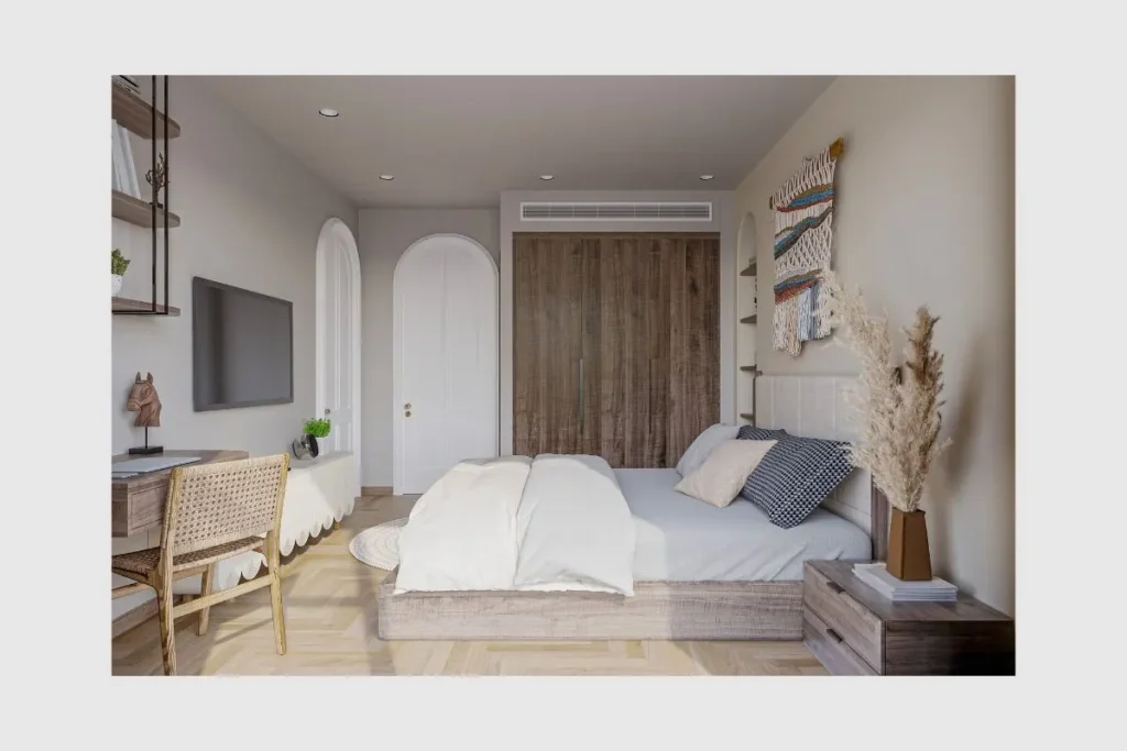 Should Wardrobe Match Bedroom Furniture? 7 Small Room Rules 4 contrasting wardrobe and bed frame finishes in small narrow apartment bedroom.