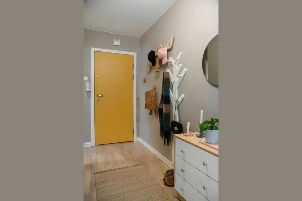 entryway storage for tiny apartments with runner rug and wall hooks.