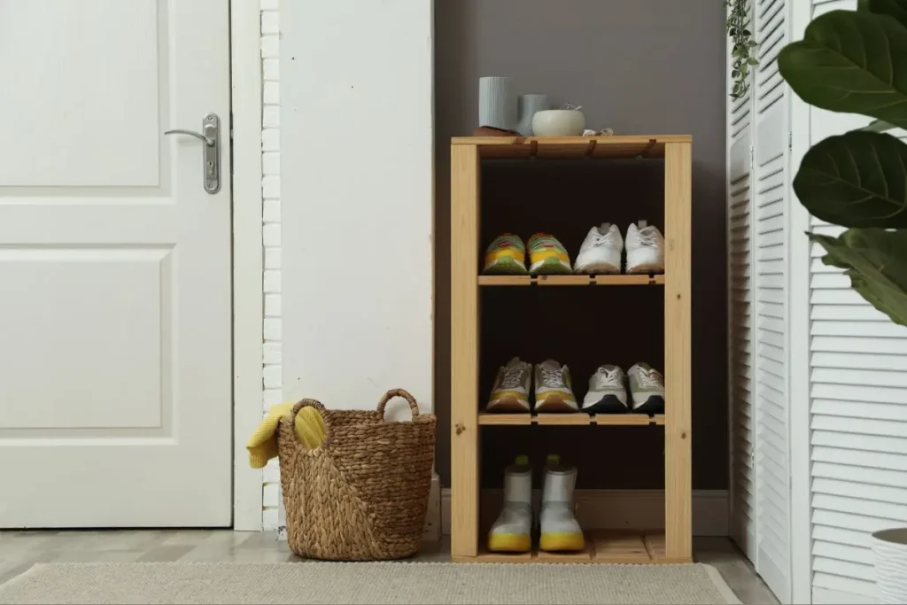 compact wooden shoe rack storage unit next to entryway door in tiny apartment.