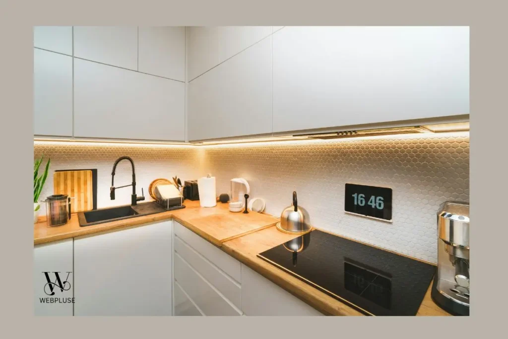 WEB PLUSE | Smart styling, Interior Design, Home decor ideas 1 renter friendly under cabinet LED strip lights installed in a bright corner kitchen layout.