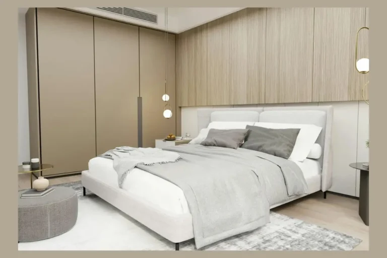 should wardrobe match bedroom furniture in small bedroom featuring neutral wardrobe and upholstered bed.