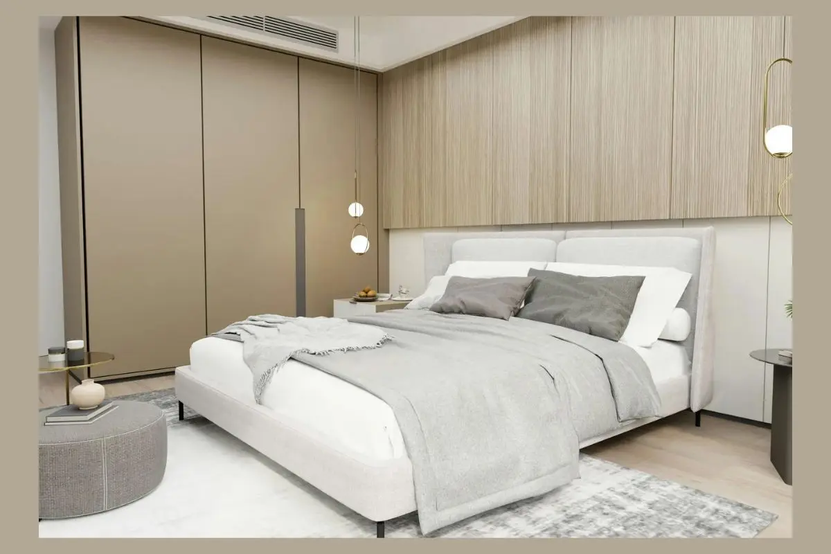 should wardrobe match bedroom furniture in small bedroom featuring neutral wardrobe and upholstered bed.